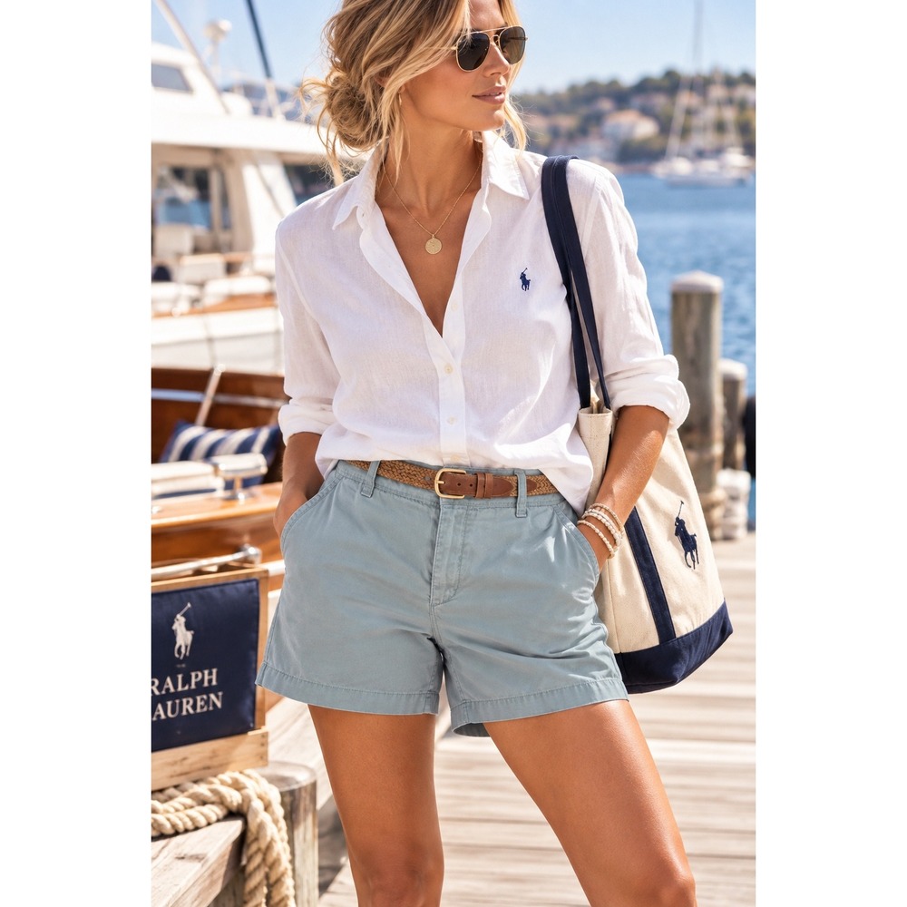 Eddie Bauer Womens Light Blue Cotton Chino Shorts Size 12 Mid Rise 5 Inch Inseam